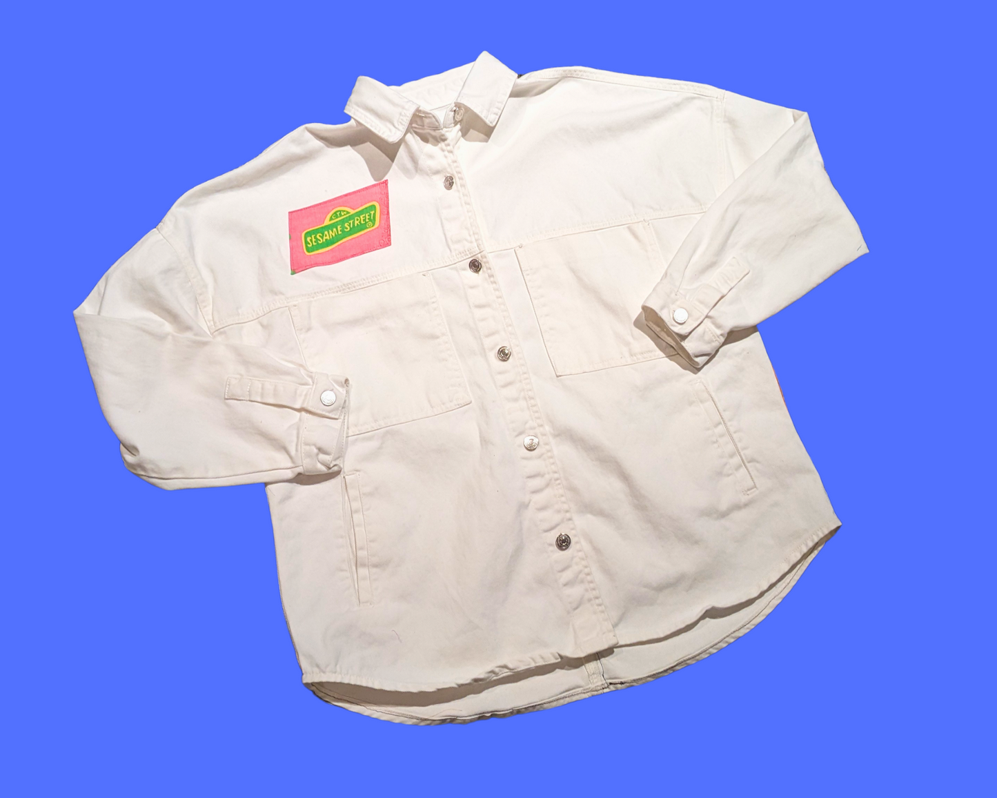 Handmade, Upcycled White Denim Jacket Patched Up with Bedsheets Scraps of Sesame Street Size L-XL