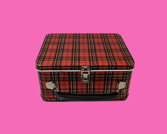 Vintage 1970's Red Plaid Tin Box by Aladdin Industries in Nashville Tennesse