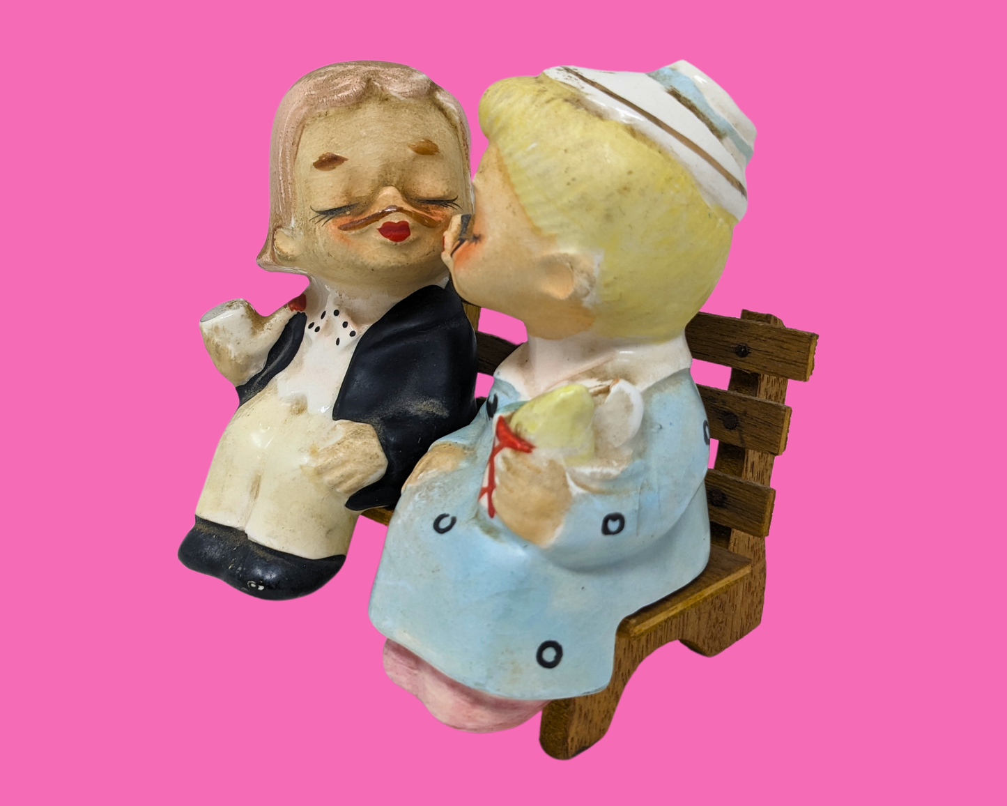 Vintage 1960's Japan Set of Salt and Pepper Shakers, Kissing Couple on a Bench