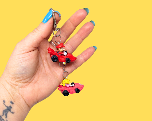 Handmade, Upcycled Mario Kart, Mario and Peach Toy Keychain