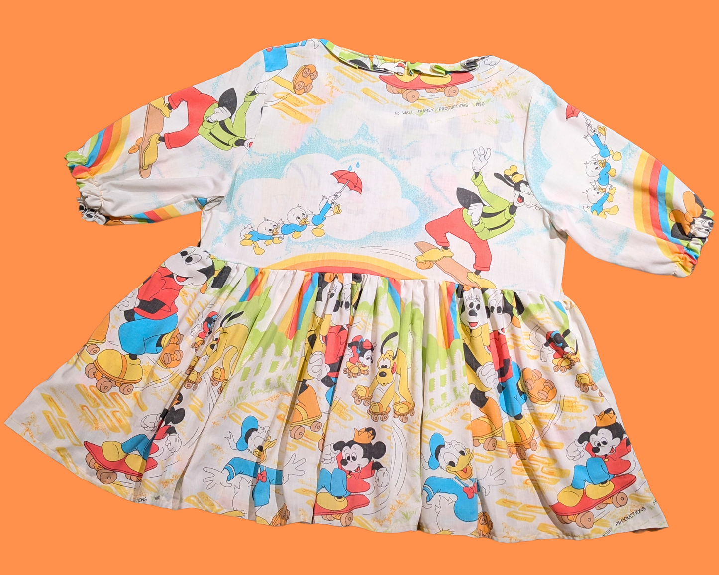 Handmade, Upcycled Walt Disney's Vintage 1980's Mickey Mouse and Friends Rollerblading Bedsheet Dress Size 3XL