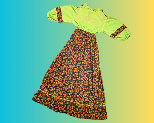 Vintage 1960's Lime Green, Groovy, Floral Maxi Dress Size S