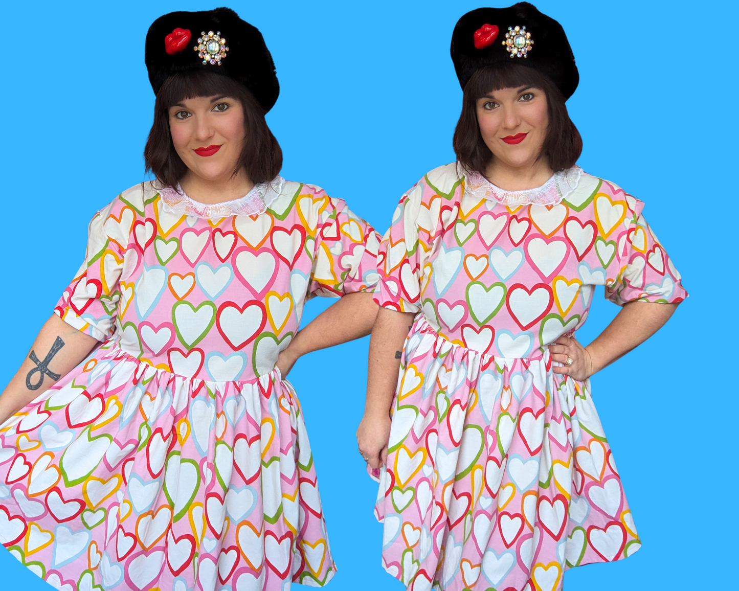 Handmade, Upcycled Vintage Rainbow Hearts Bedsheet T-Shirt Dress Fits S-M-L-XL