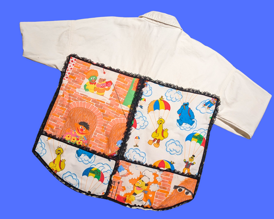 Handmade, Upcycled White Denim Jacket Patched Up with Bedsheets Scraps of Sesame Street Size L-XL