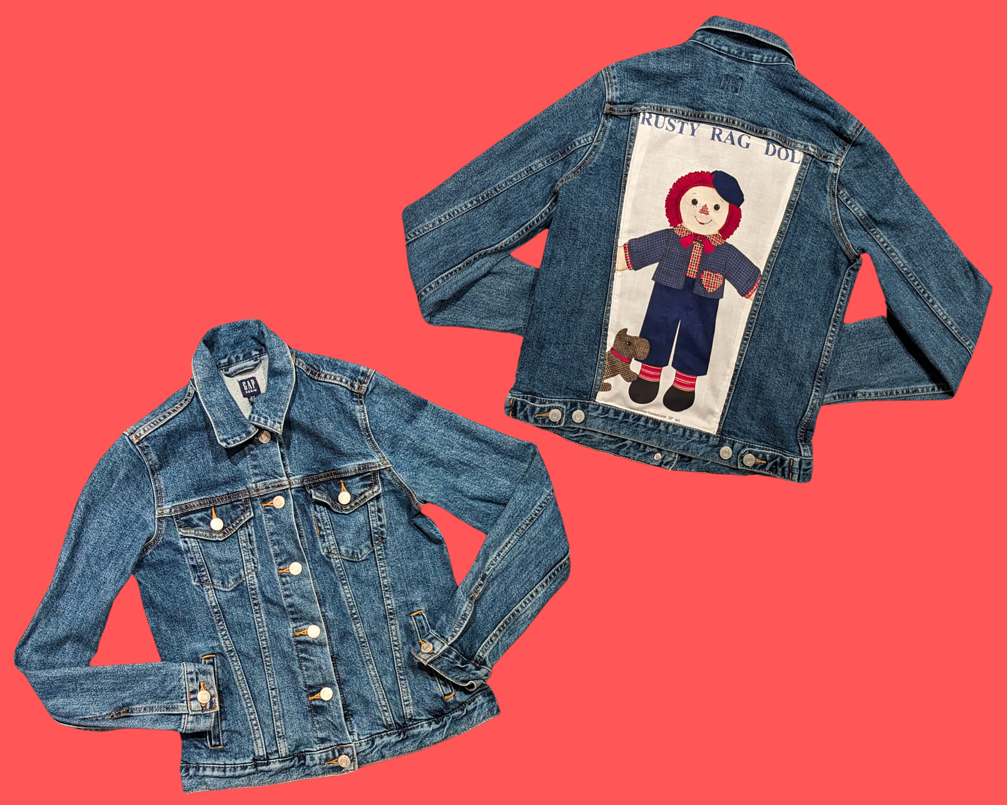 Handmade, Upcycled GAP Denim Jacket with a Raggedy Ann Patch on the Back Size XS