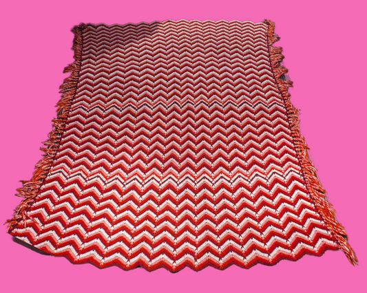 Vintage 1980's Bright Pink, White and Red Acrylic and Wool Huge Crochet Blanket