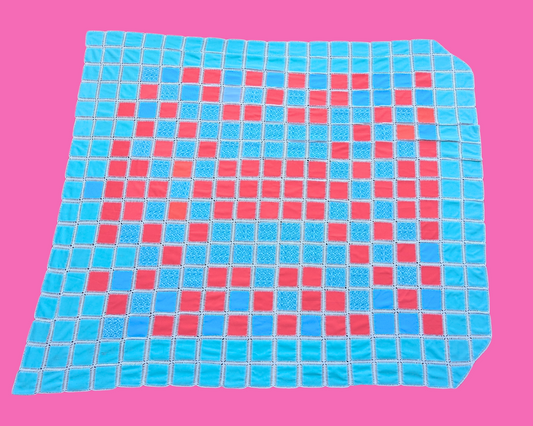 Vintage 1970's Blue and Warm Pink Square Patterned Decorative Blanket