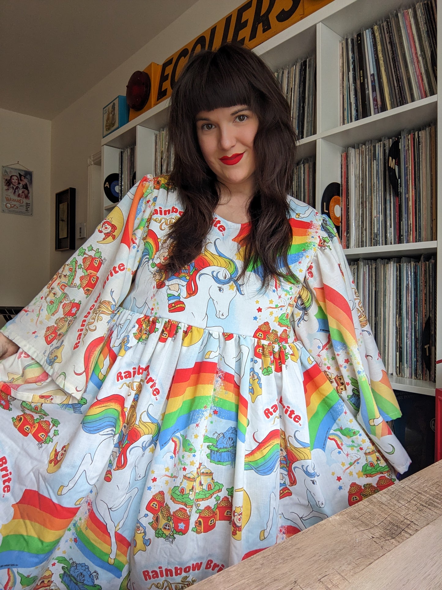 Custom Order for Lana Handmade, Upcycled Rainbow Brite Dress with Long Sleeves with Elastic Wristbands Size XL