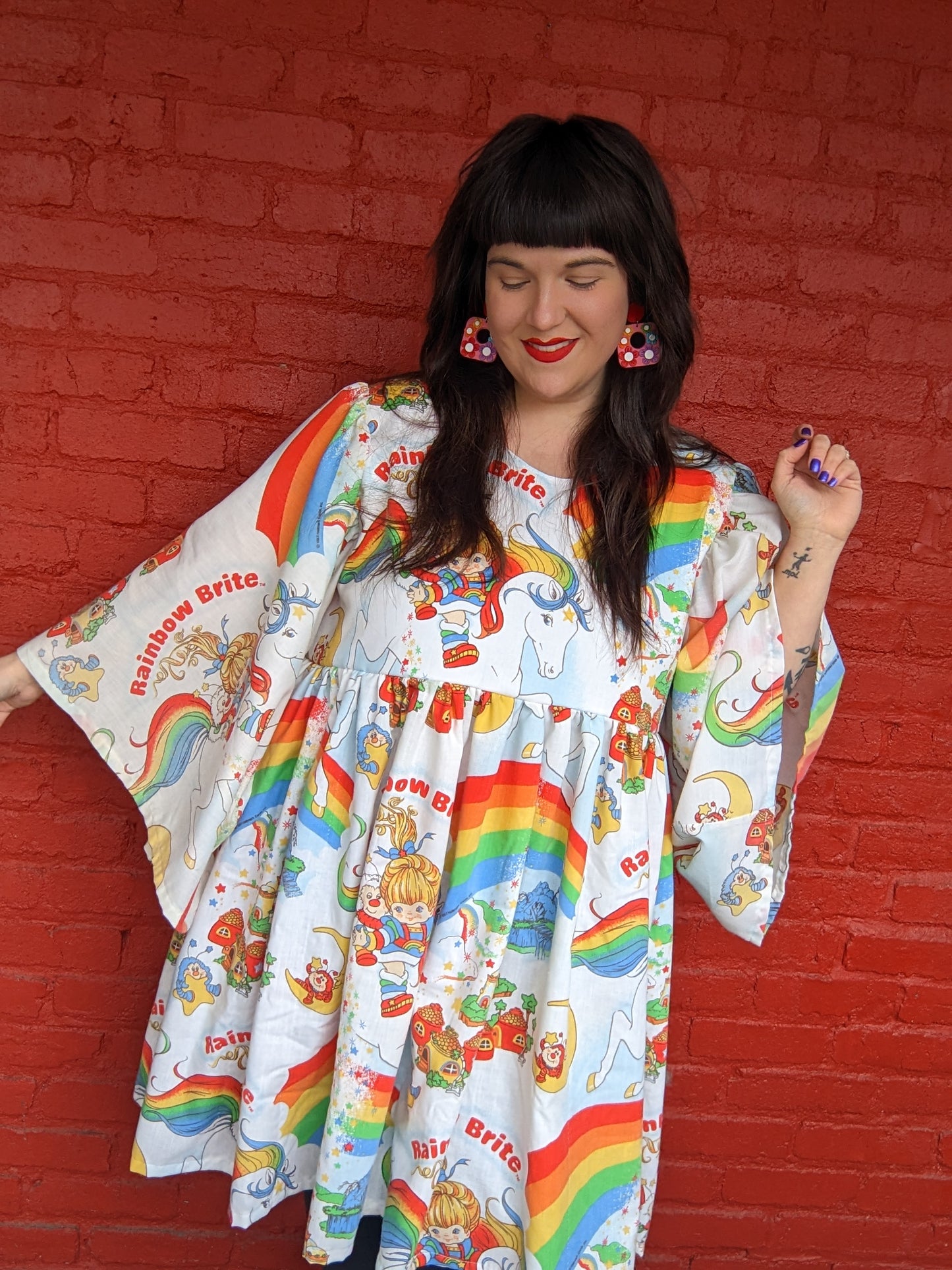 Custom Order for Lana Handmade, Upcycled Rainbow Brite Dress with Long Sleeves with Elastic Wristbands Size XL