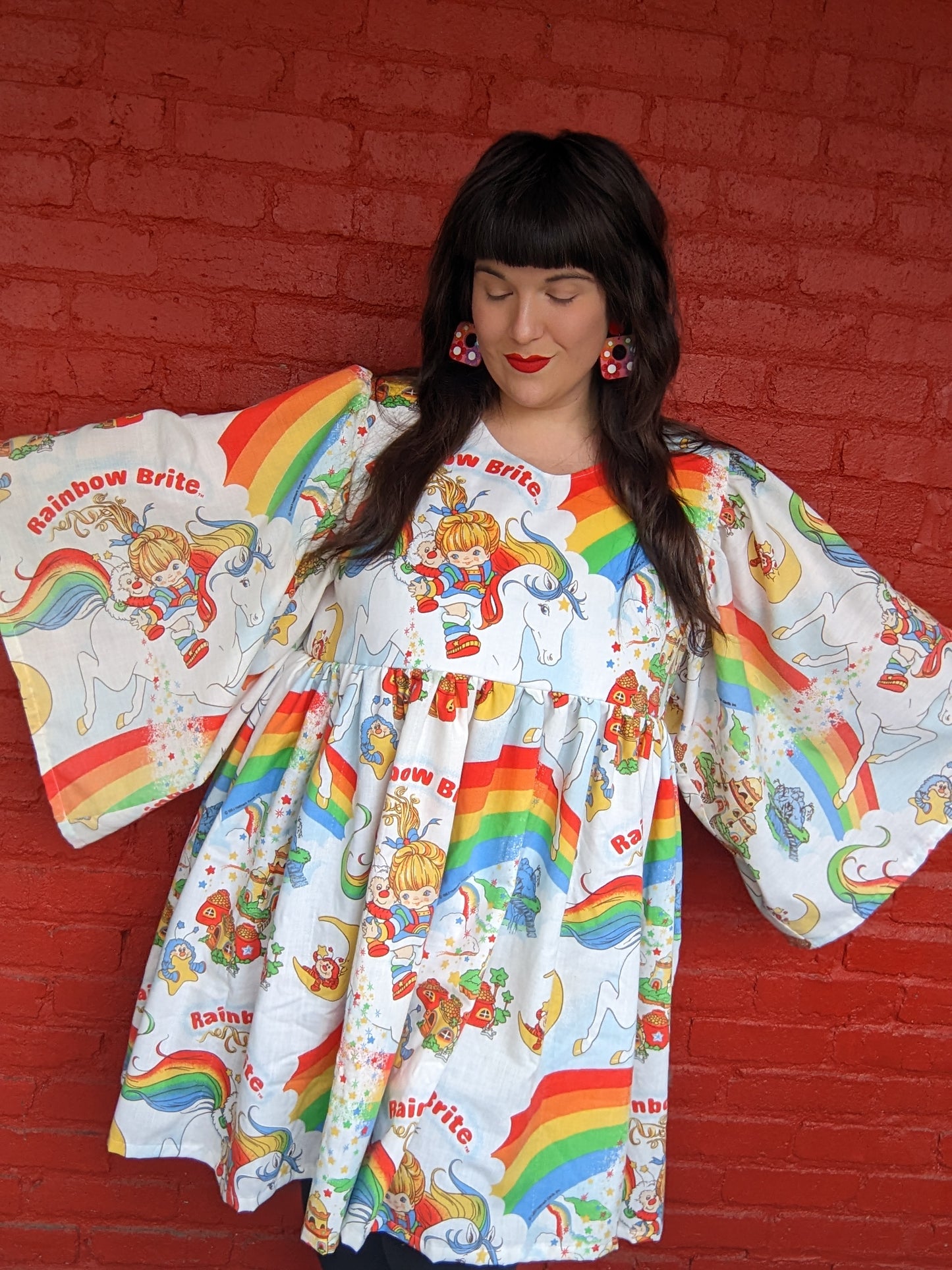 Custom Order for Lana Handmade, Upcycled Rainbow Brite Dress with Long Sleeves with Elastic Wristbands Size XL