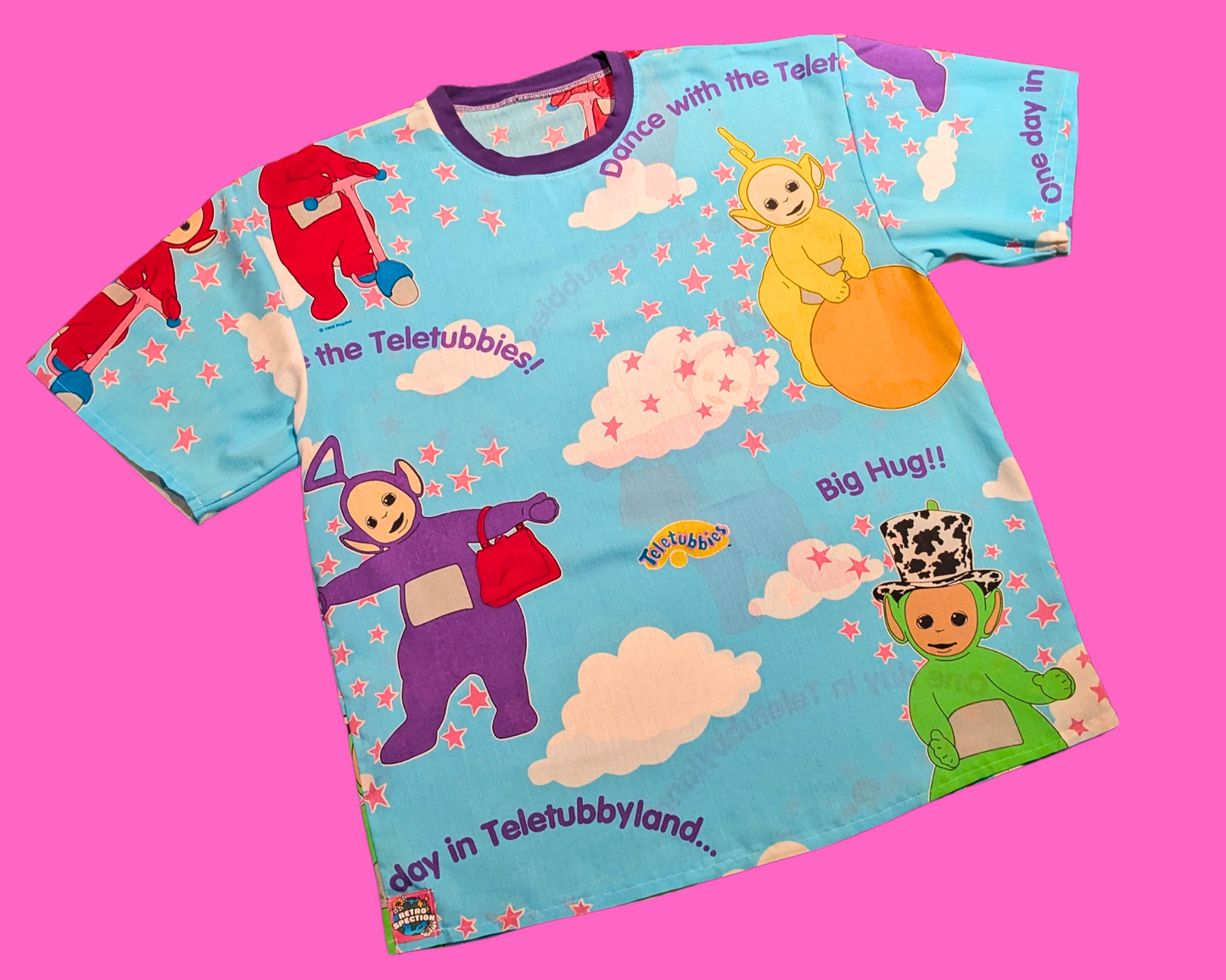 Handmade, Upcycled Vintage 1990's Teletubbies Bedsheet T-Shirt Oversized XL, Fitted 2XL