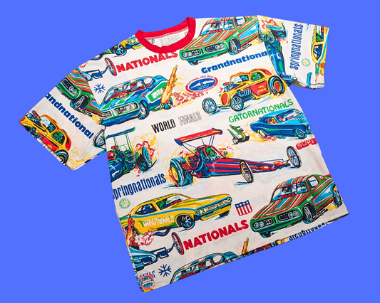 Handmade, Upcycled Vintage 1980's Vintage Cars Print Bedsheet T-Shirt Oversized XL, Fitted 2XL