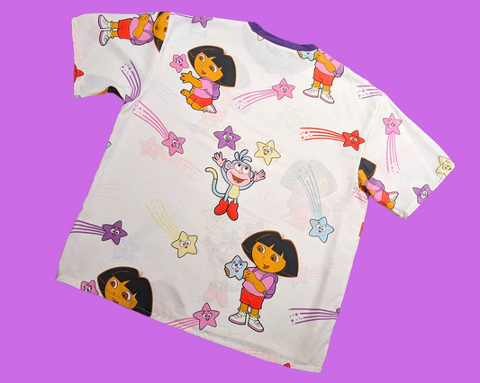 Handmade, Upcycled Dora The Explorer Bedsheet T-Shirt Oversized XL, Fitted 2XL