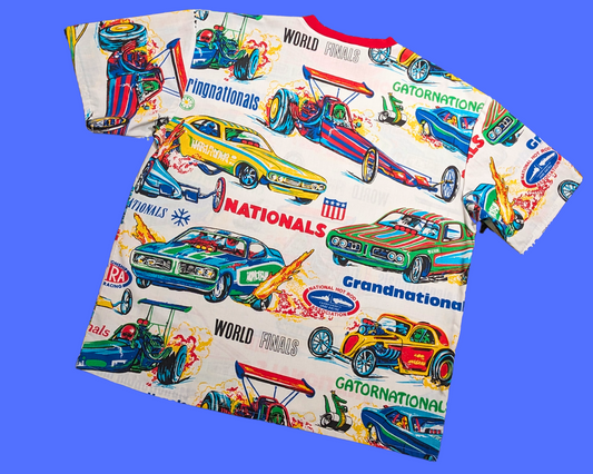 Handmade, Upcycled Vintage 1980's Vintage Cars Print Bedsheet T-Shirt Oversized XL, Fitted 2XL