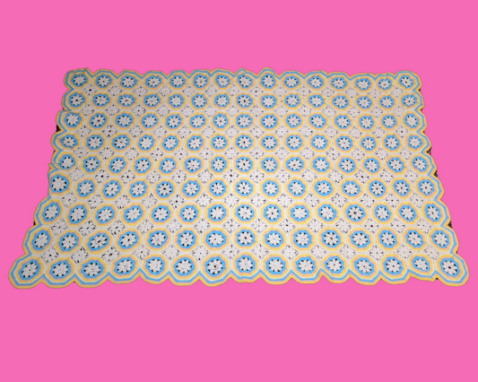 Vintage 1960's White, Blue, Yellow, Pink Acrylic Crochet Blanket