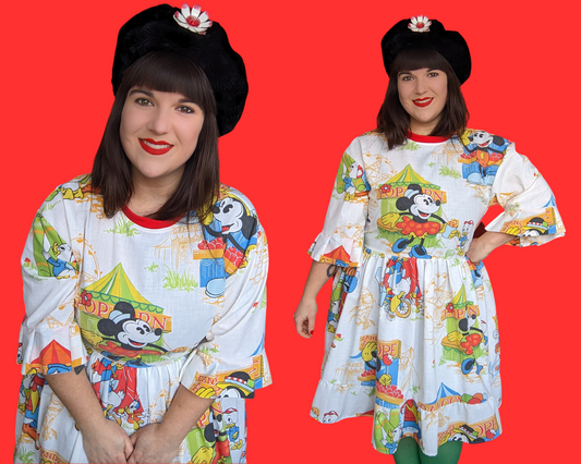 Handmade, Upcycled Disney Mickey Mouse and the Gang at The Carnival Bedsheet T-Shirt Dress Fits S-M-L-XL