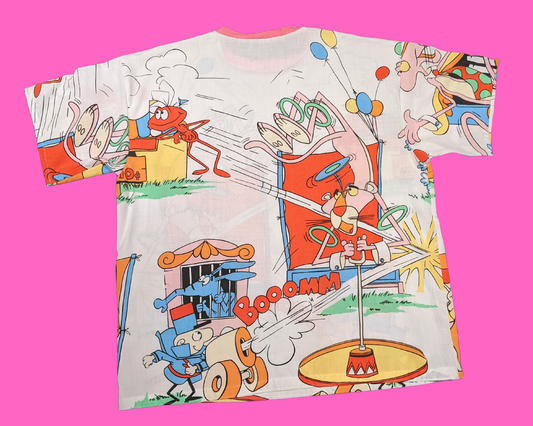 Fait à la main, Upcycled The Pink Panther Cartoon Vintage 1980's Bedsheet T-Shirt Oversized XL