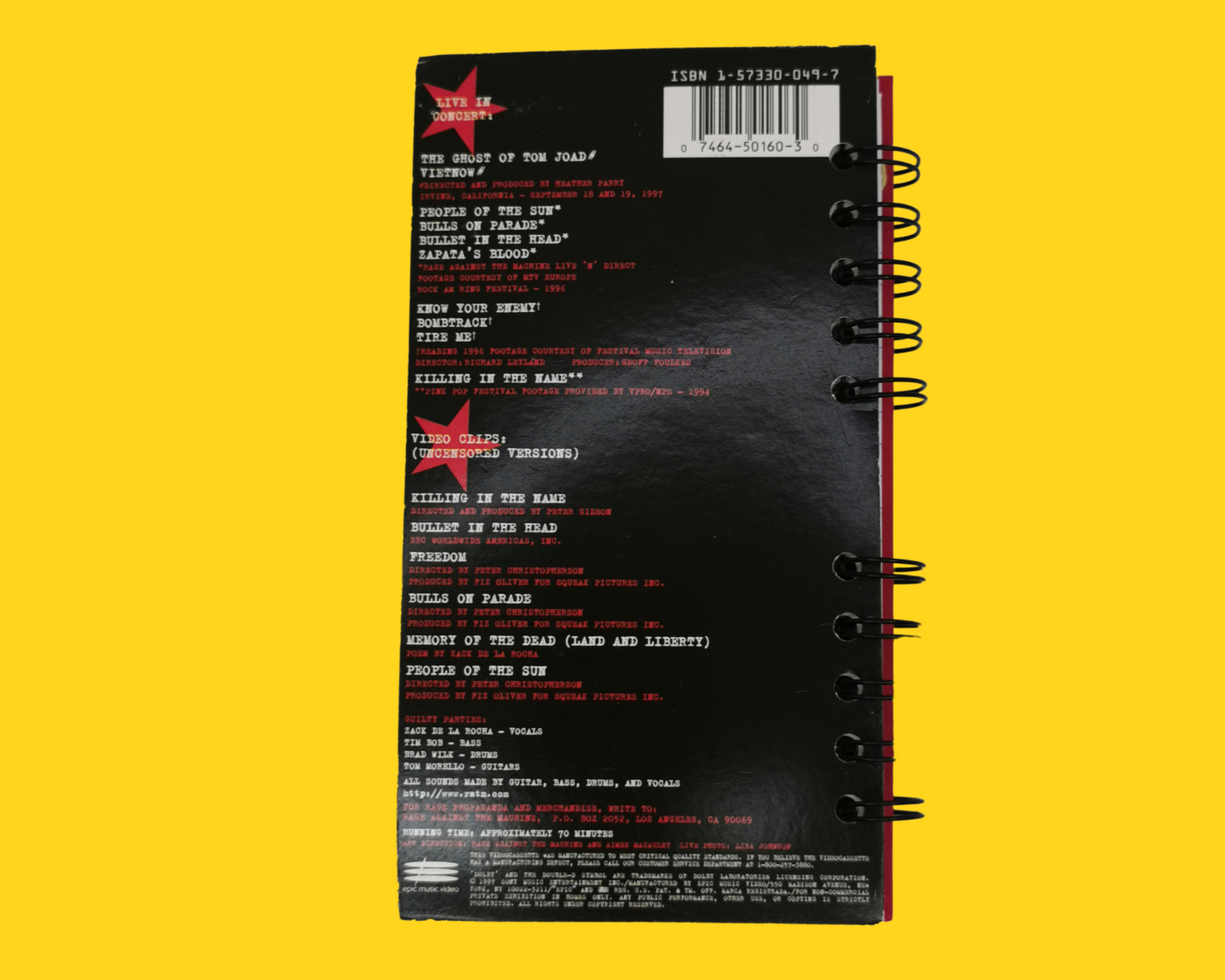 Cahier de film VHS Rage Against The Machine