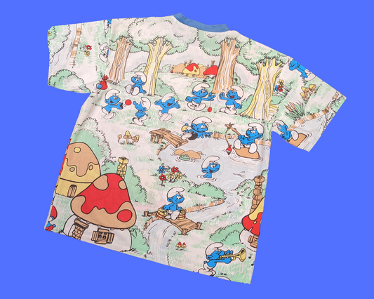 Fait à la main, Upcycled The Smurfs Vintage 1990's Bedsheet T-Shirt Oversize XS - Convient à une taille M