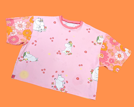 Handmade, Upcycled The Moomins Vintage 1990's Bedsheet + Orange and Pink Floral Fabric T-Shirt Oversized XL