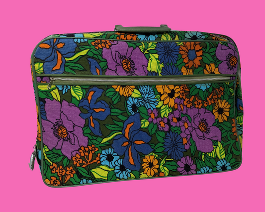 Vintage 1960's Blue, Yellow, Green and Purple Floral Groovy Small Suitcase