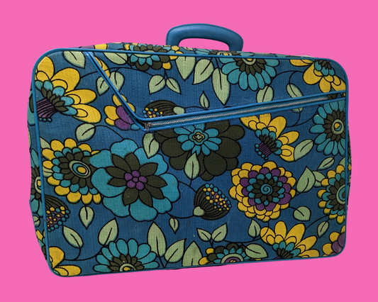 Vintage 1960's Blue, Yellow, Green and Purple Floral Groovy Small Suitcase