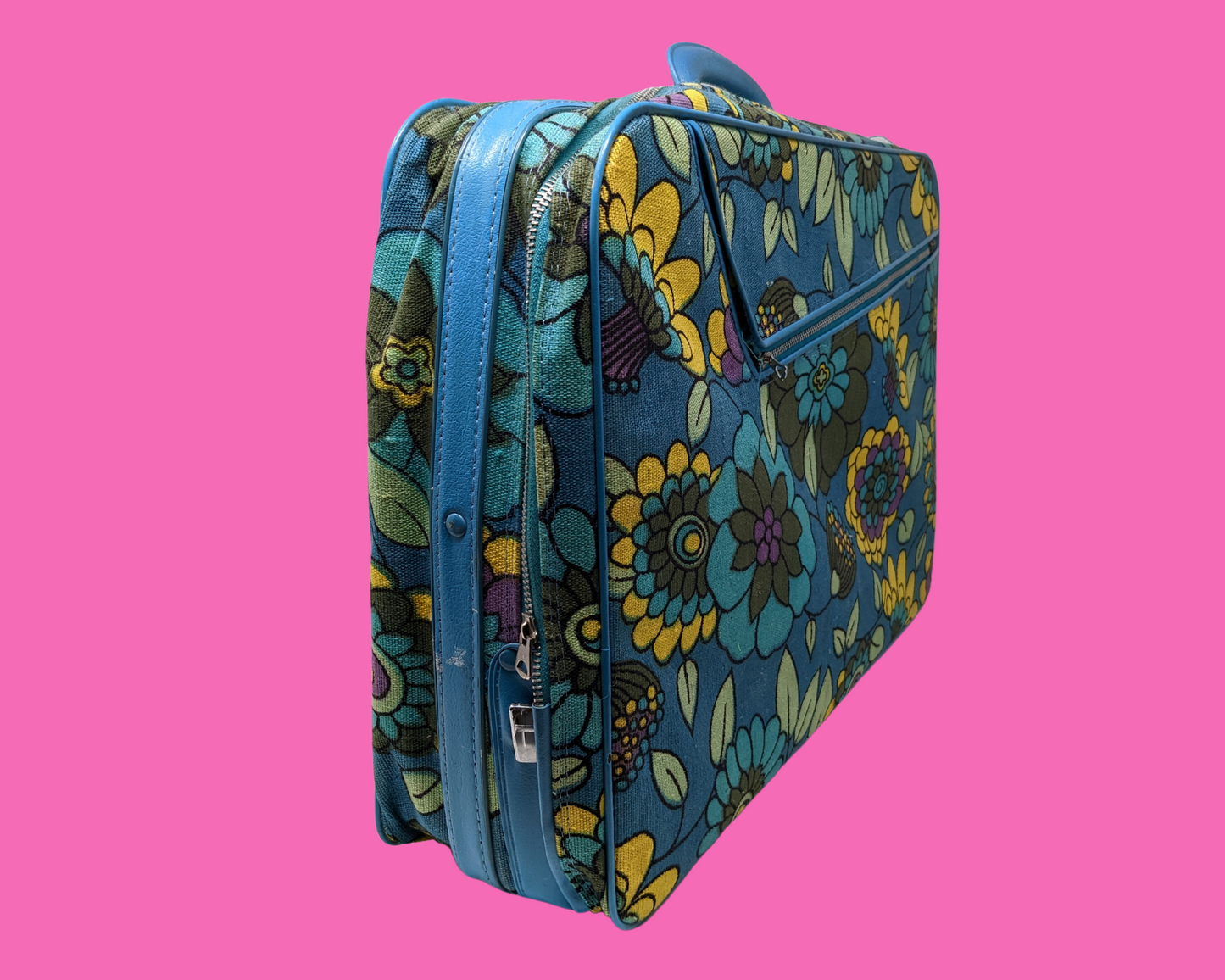 Vintage 1960's Blue, Yellow, Green and Purple Floral Groovy Small Suitcase