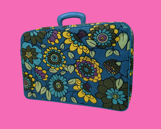 Vintage 1960's Blue, Yellow, Green and Purple Floral Groovy Small Suitcase