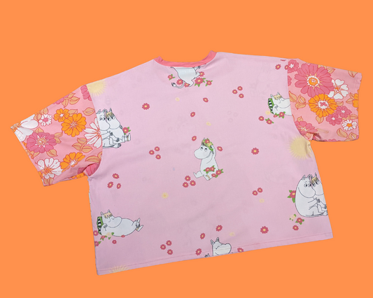 Handmade, Upcycled The Moomins Vintage 1990's Bedsheet + Orange and Pink Floral Fabric T-Shirt Oversized XL