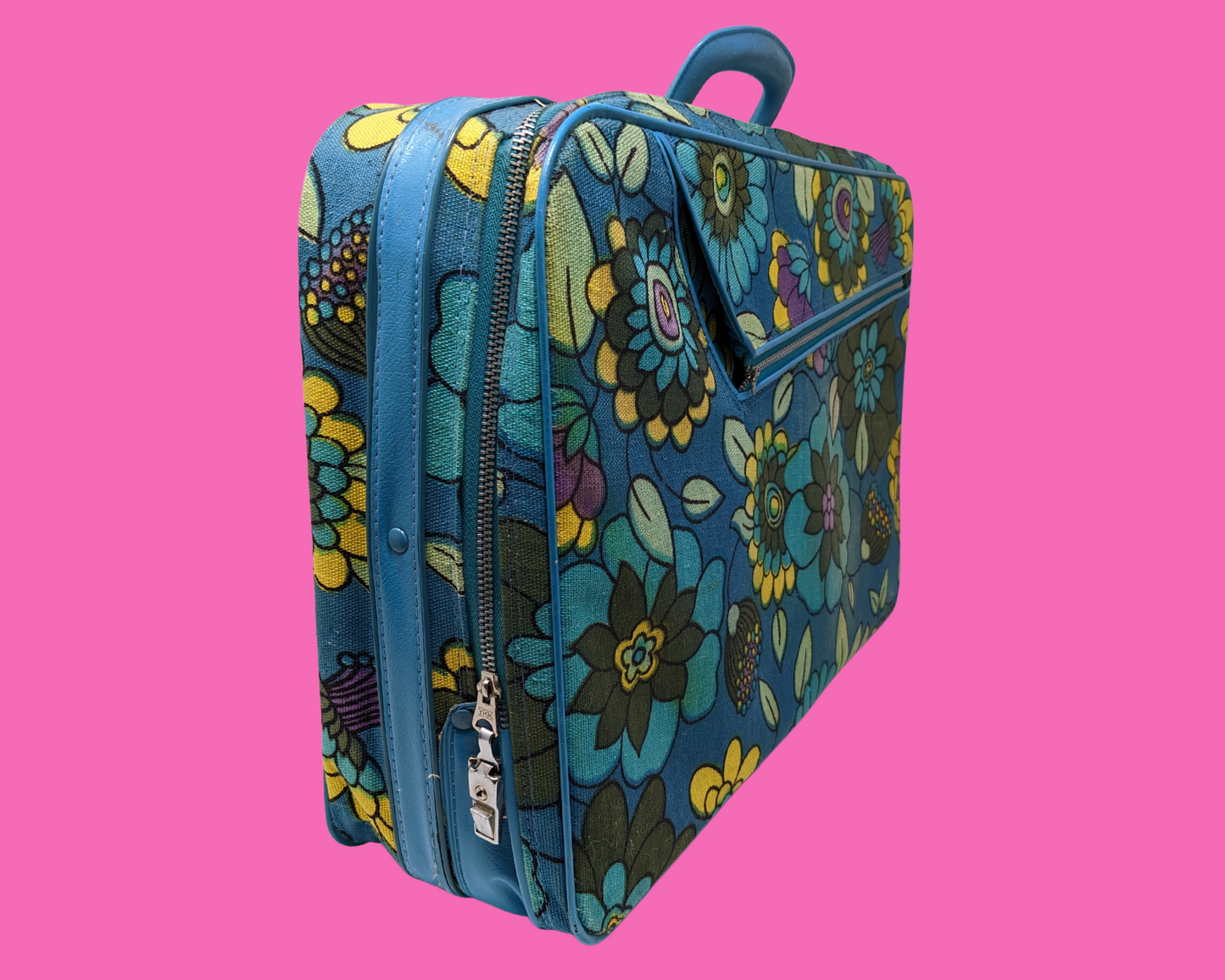 Vintage 1960's Blue, Yellow, Green and Purple Floral Groovy Small Suitcase