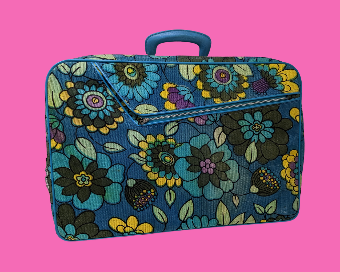 Vintage 1960's Blue, Yellow, Green and Purple Floral Groovy Small Suitcase