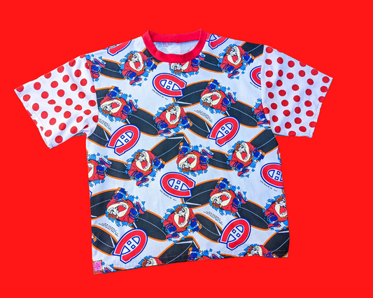 Handmade, Upcycled Taz and the Montreal Canadians Vintage 1990's Fabric + White and Red Polka Dot Fabric T-Shirt Oversized XS - Fits Like A Size M