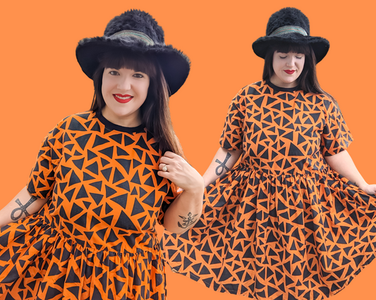 MADE TO ORDER, Handmade, Upcycled Halloween Themed, Colours Orange and Black, Fabric T-Shirt Dress Fits Sizes S-M-L-XL or 2XL