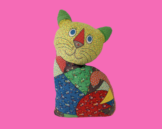 Vintage 1970's Plush Patchwork Cat Decorative Cushion