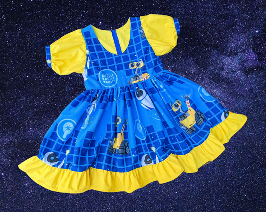 Handmade, Upcycled Disney, Pixar Wall-E Bedsheet Dress, Short Yellow Puffy Sleeves, Size S/M