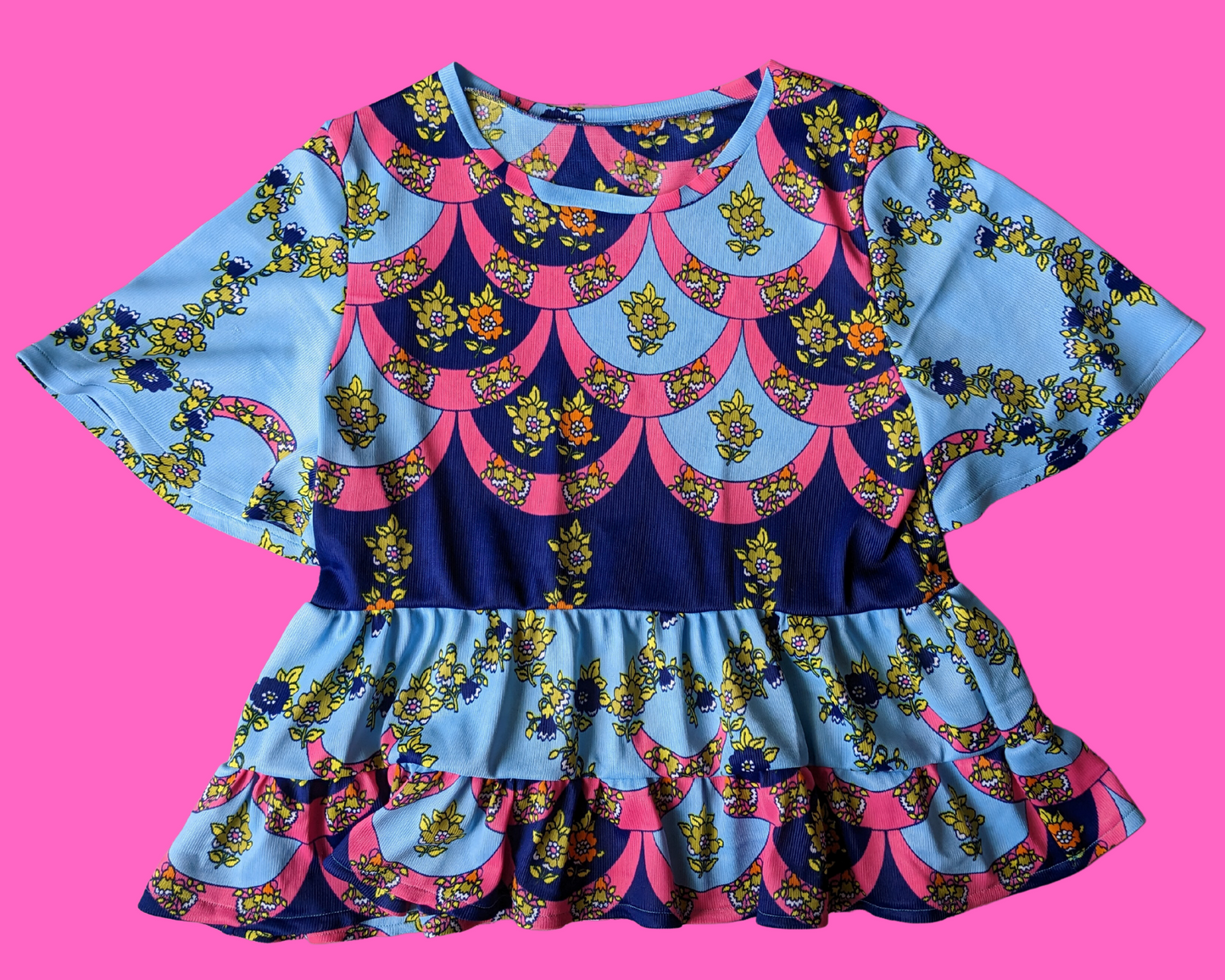 Handmade, Upcycled Vintage 1960's Blue and Pink Mod, Groovy Silky Polyester Blouse Size L