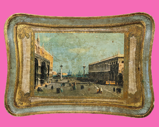 Antique Late 18th Century View of St. Mark Square Wooden, Decorative Florentine Tray From Rome Italy