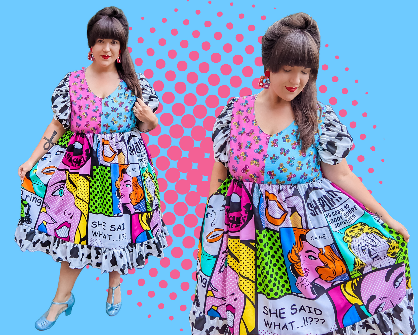 Fait à la main, tissu Pop Art vintage recyclé et robe papillons roses/bleus, manches bouffantes à imprimé vache et bordure à volants Taille L/XL