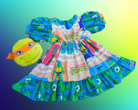 Handmade, Upcycled Teenage Mutant Ninja Turtles Bedsheet Dress with Puffy Sleeves Size L/XL - Matching Plush Bag Gifted!