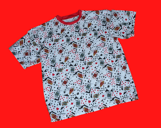 Handmade, Upcycled Playing Cards Patterned Fabric T-Shirt Oversized XS - Fits Like A Size M