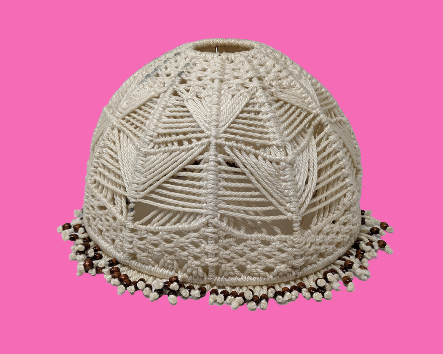 Vintage 1970's White Wool, Crochet, Macrame Lamp Shade with Beads