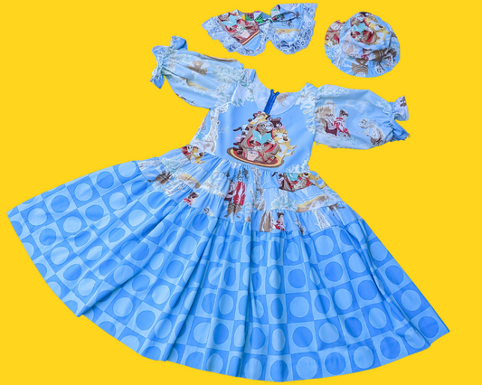 Handmade, Upcycled E.T Bedsheets Dress, Mid-Length Puffy Sleeves and Vintage Blue Truprest Bedsheets Size S/M