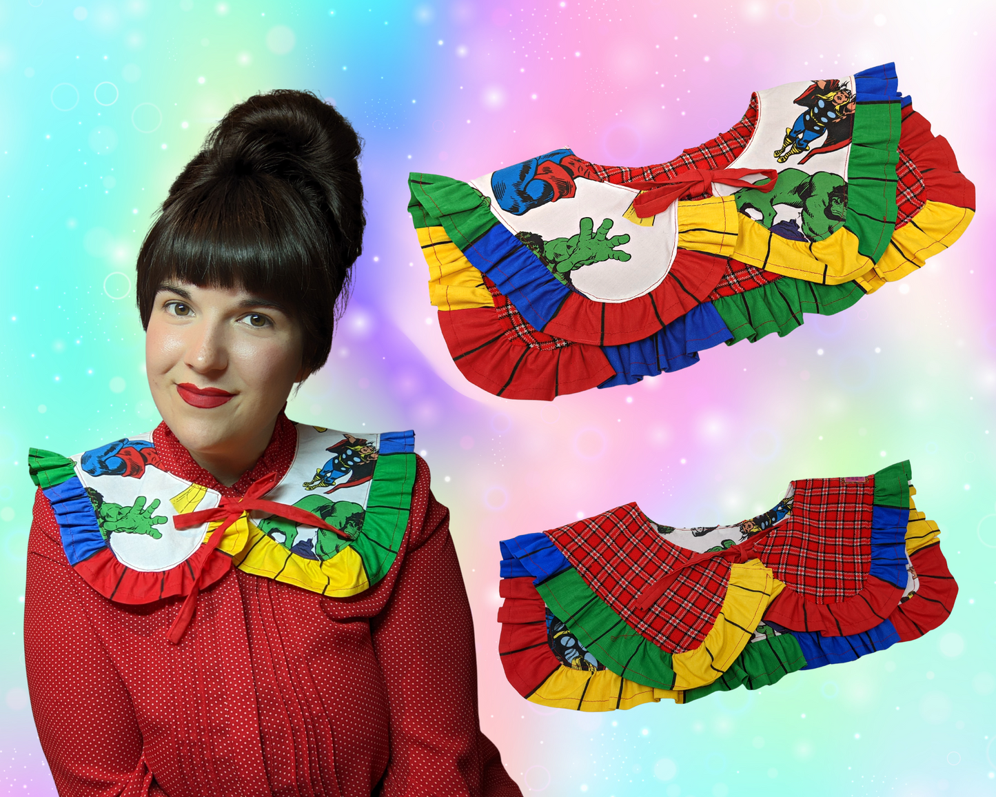 Handmade, Upcycled, Reversible Sailor Collar with Frill Made With a Marvel Avengers Bedsheet and a Red Plaid Fabric