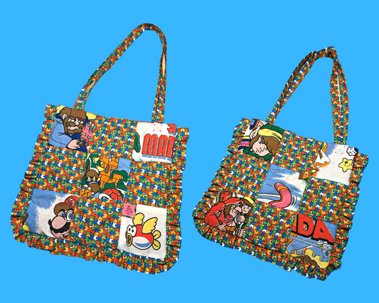 Handmade, Upcycled Nintendo Super Mario and Zelda Bedsheet + Puzzle Vintage Fabric Tote Bag