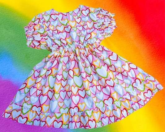 Handmade, Upcycled Rainbow Hearts Patterned Bedsheets, Short Puffy Sleeves, Pride LGBTQ+ Fashion, Size 2XL