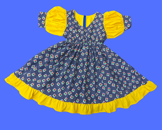 Robe en tissu à motifs floraux recyclé faite à la main, manches courtes bouffantes jaunes, taille L/XL