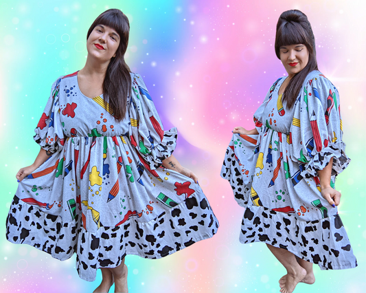 Fait à la main, Upcycled Vintage 1990's Back to School Themed Bedsheet Dress Taille L/XL