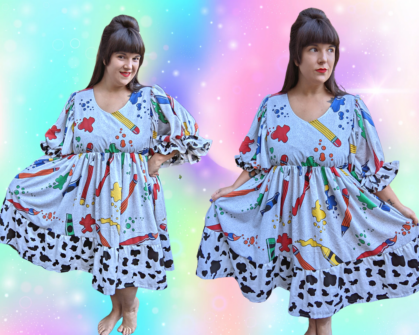 Fait à la main, Upcycled Vintage 1990's Back to School Themed Bedsheet Dress Taille L/XL