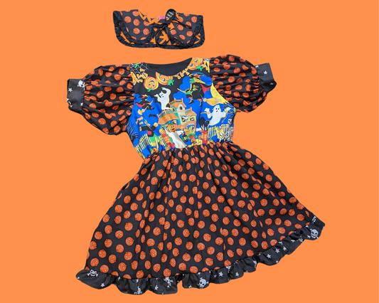 Handmade, Upcycled Halloween Themed Dress with Matching Pumpkin Sailor Collar Size L/XL