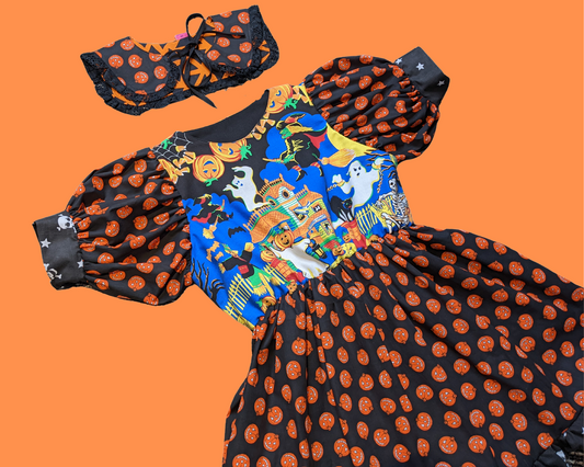 Handmade, Upcycled Halloween Themed Dress with Matching Pumpkin Sailor Collar Size L/XL